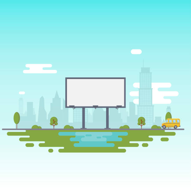 Blank billboard for your inscription. Billboard on the background of the city and a riding school bus. Blank billboard for your inscription. Billboard on the background of the city and a riding school bus. Vector Illustration billboard illustrations stock illustrations
