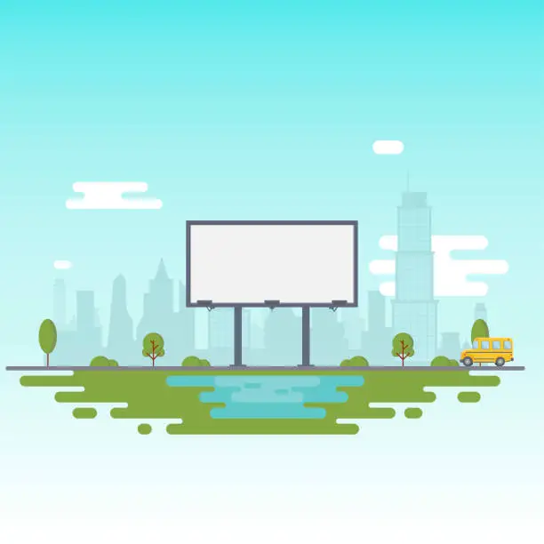 Vector illustration of Blank billboard for your inscription. Billboard on the background of the city and a riding school bus.