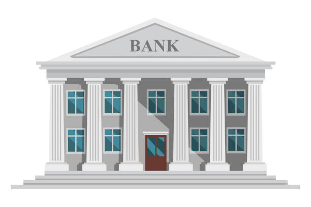 흰색 배경에 격리 된 기둥과 창문 벡터 그림이있는 평면 디자인 복고풍 은행 건물 - bank column building exterior government stock illustrations