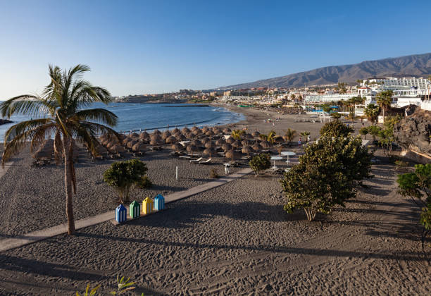 panorama of playa de fanabe beach and playa de las americas resort, tenerife, canary islands, spain. - playa de las américas imagens e fotografias de stock