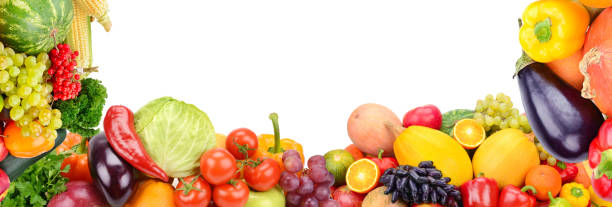 istock Frame of set vegetables and fruits on white background. 1166853095