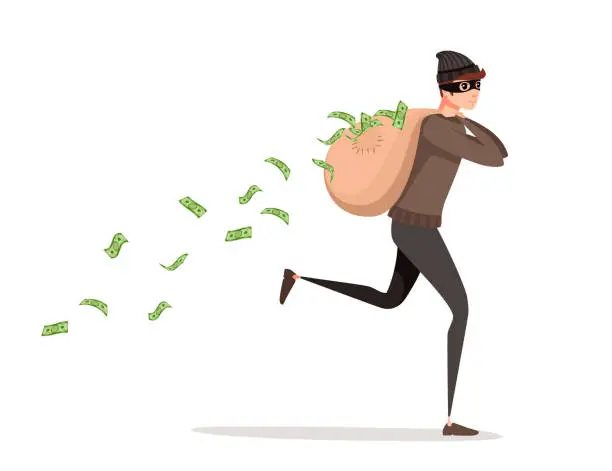 Vector illustration of Running thief during robbery with bag money pours from the bag cartoon character design flat vector illustration