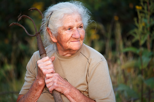 Closeup portrait of an old woman with gray hair holding a rusty pitchfork or chopper in her hands, face in deep wrinkles, selective focus