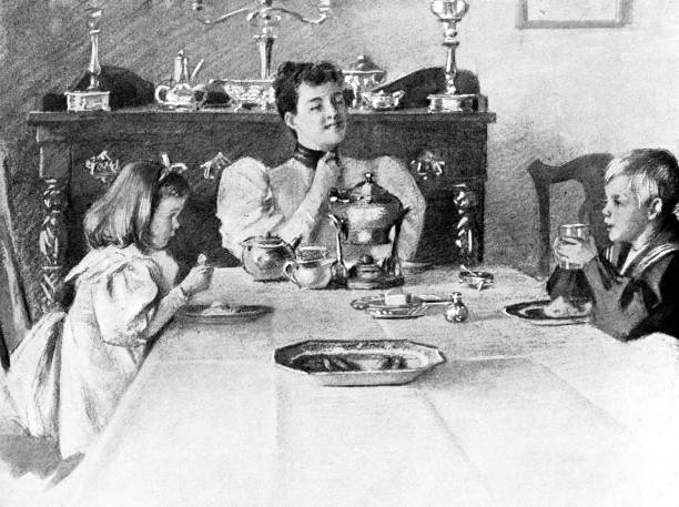 ilustrações de stock, clip art, desenhos animados e ícones de family eating dinner at home in new york city, new york, united states - 19th century - century 19th family women