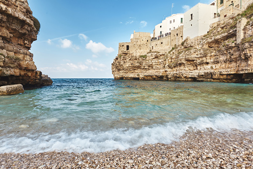 Nice sea scenery of Polignano a Mare, town in the province of Bari, Puglia, southern Italy on the Adriatic Sea. City on cliffs, heaven on the earth.