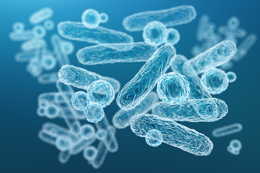 Primer plano de las bacterias azules microscópicas 3D photo