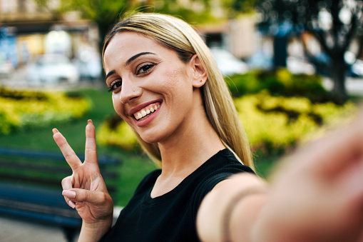 Peace Sign - Gesture, Women, One Woman Only, Selfie