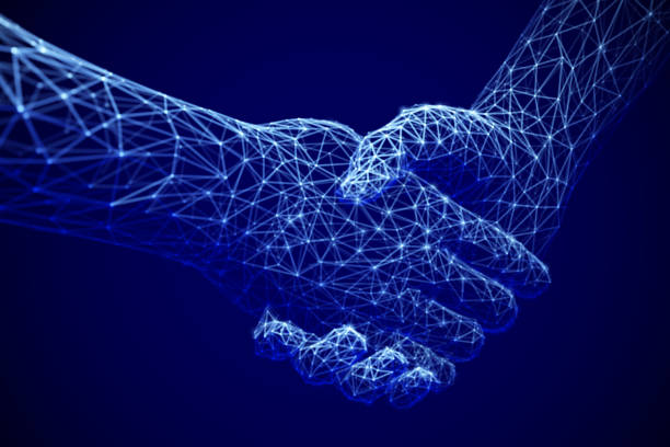 istock Information technology in business, digital deal or online commerce: digital handshake. Artificial intelligence or global communication. 1166865484
