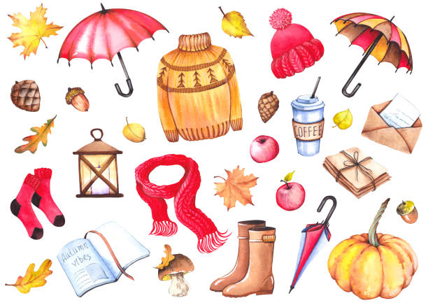 Autumn set with colorful umbrellas, sweater, knitwear clothing, coffee cup, letters, lantern, rubber boots, apples, mushroom, pumpkin and leaves. Autumn set with colorful umbrellas, sweater, knitwear clothing, coffee cup, letters, lantern, rubber boots, apples, mushroom, pumpkin and leaves. Watercolor isolated on white background. knitted pumpkin stock illustrations