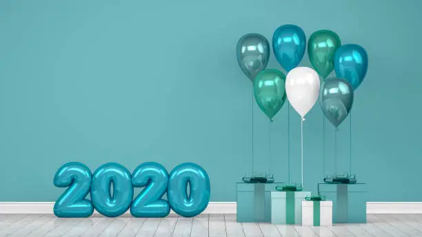 Photo of 2020 New Year Shiny Balloons in Empty Room. Christmas Concept