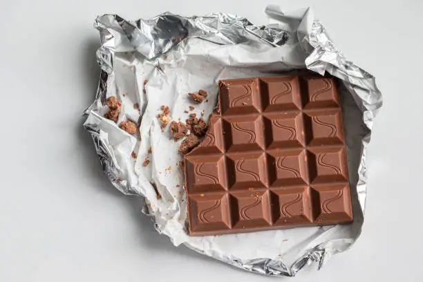 Photo of Fragment of chocolate bar in foil close up