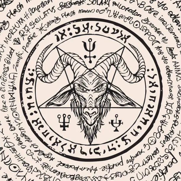 Vector illustration of head of a horned goat and pentagram