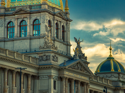 Prague, August 8 2019 - National museum Prague before heavy rain under clouds