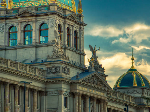 national museum Prague Prague, August 8 2019 - National museum Prague before heavy rain under clouds prague skyline panoramic scenics stock pictures, royalty-free photos & images