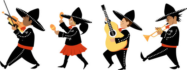 Cartoon mariachi band Cute kids in mariachi outfits playing traditional instruments, EPS 8 vector illustration pics of a marching band stock illustrations