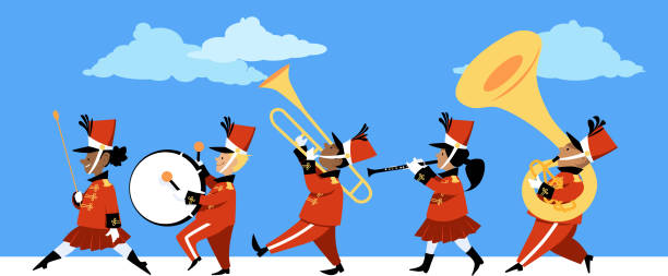 ilustraciones, imágenes clip art, dibujos animados e iconos de stock de desfile de la banda de marcha - parade marching band trumpet musical instrument