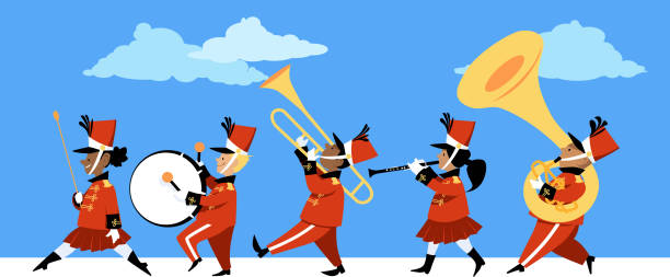 Marching band parade Cute children playing instruments in a marching band parade, EPS 8 vector illustration pics of a marching band stock illustrations