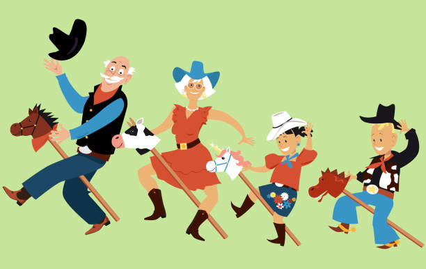 ilustrações de stock, clip art, desenhos animados e ícones de playing cowboys with grand-kids - grandparent grandfather humor grandchild
