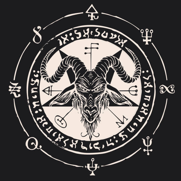 head of a horned goat and pentagram Vector banner with illustration of the head of a horned goat and pentagram inscribed in a circle. The symbol of Satanism Baphomet on the background of old manuscript written in a circle in retro style satan goat stock illustrations