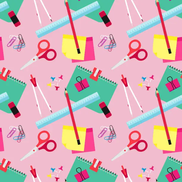 Vector illustration of Seamless office or school stationery tools vector pattern. Back to school background. Cute kids pattern