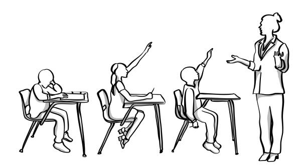 Answering The Question Classroom Elementary school students sitting at their desks and raising their hands 
eagerly to answer the teacher's question desk clipart stock illustrations