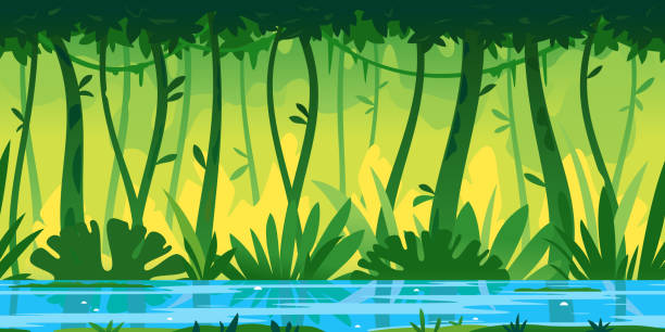 Tropical river nature game background River flows through the jungle around different plants and trees with lianas game background tillable horizontally, wildlife of tropical forest flooded with water, illustration of equatorial jungle tillable stock illustrations