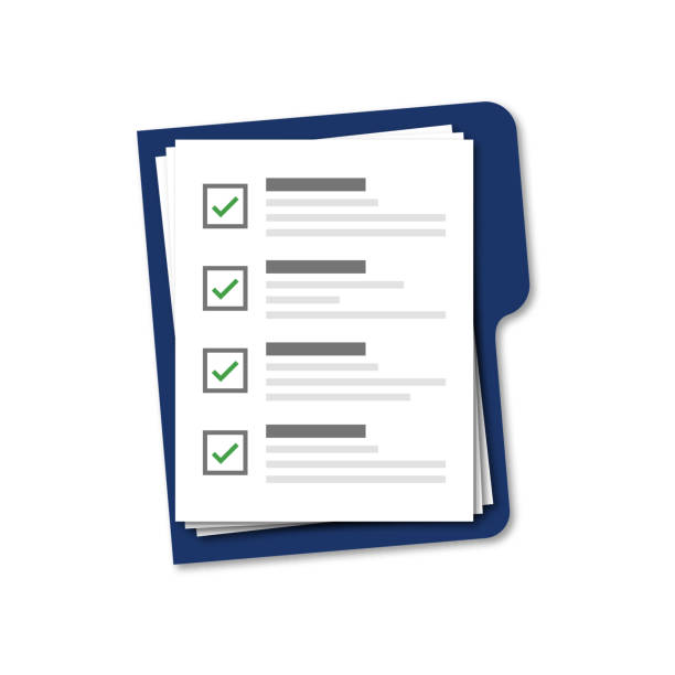 ilustrações de stock, clip art, desenhos animados e ícones de blue folder with checklist isolated vector on white background. blue vector folder with document. vector assessment template. - diagrama ilustrações