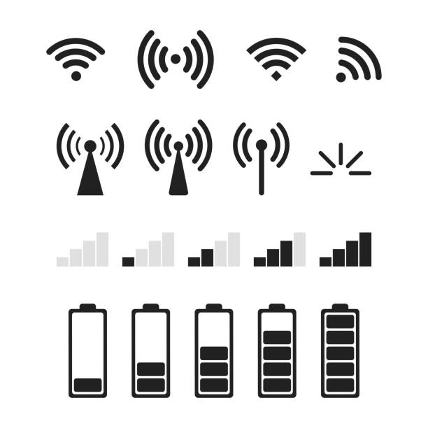 ilustrações de stock, clip art, desenhos animados e ícones de set of signal vector icons isolated. vector level of battery or charging isolated signs. vector wifi signs. - number 12 audio