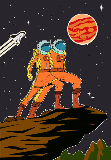 ilustrações, clipart, desenhos animados e ícones de pares retros do astronauta do vetor no poster do fundo do espaço - men retro revival 1950s style comic book