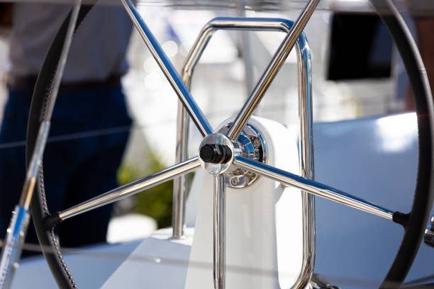 closeup luxury sailing boat control wheel and imlement, copy space - extreme sports audio imagens e fotografias de stock