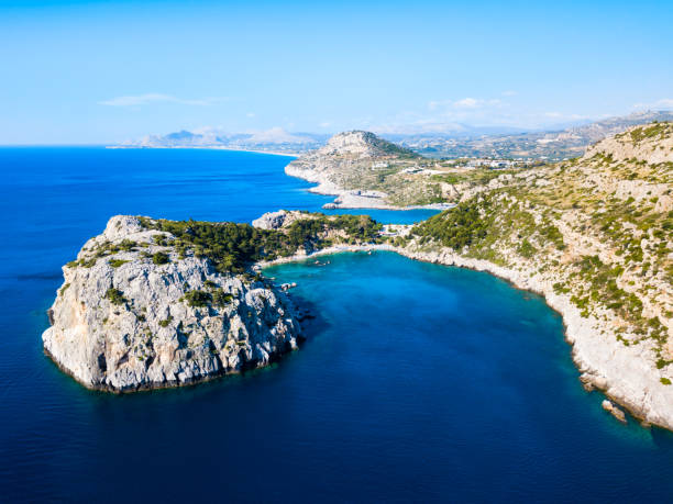 Ladiko beach and Anthony Quinn Bay aerial panoramic view in Rhodes island in Greece