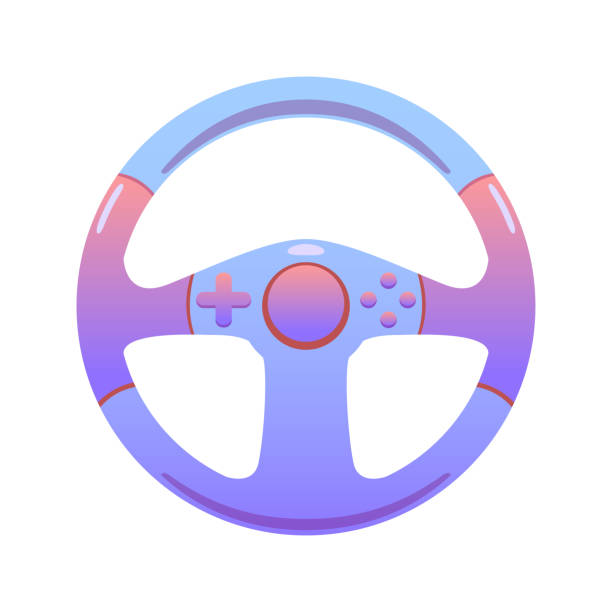 istock game steering wheel on an isolated background, bright flat icon in lilac and red colors 1166885811