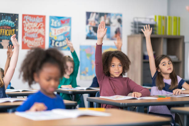 istock Elementary students raising their arms during teacher's lesson 1166891854