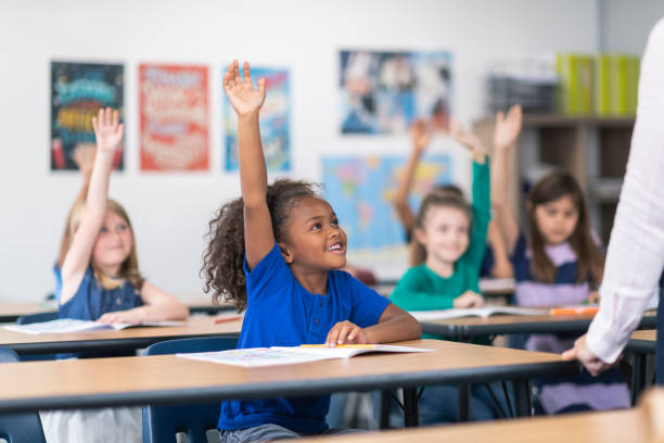 istock Elementary students raising their arms during teacher's lesson 1166891855
