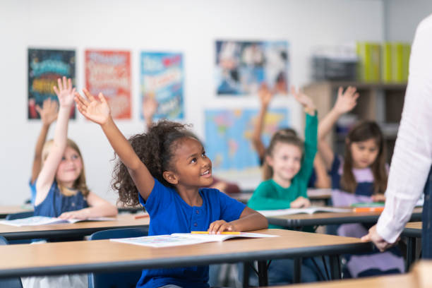 istock Elementary students raising their arms during teacher's lesson 1166891857