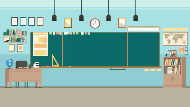 School classroom with chalkboard. Study class with blackboard and teachers desk. Vector School classroom with chalkboard and teachers desk. Study class with blackboard. Empty school class interior inside. Table, chair college furniture. Vector classroom stock illustrations