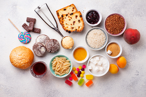 Assortment of simple carbohydrates food. Products high in sugar