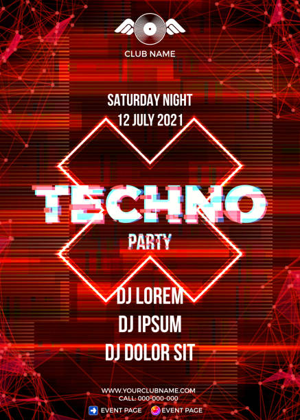 Glitch party poster with blue background and triangle for techno Glitch party poster with blue background and triangle for techno rave club nights. Advertising leaflet or flyer with modern electronic music dance party techno music stock illustrations