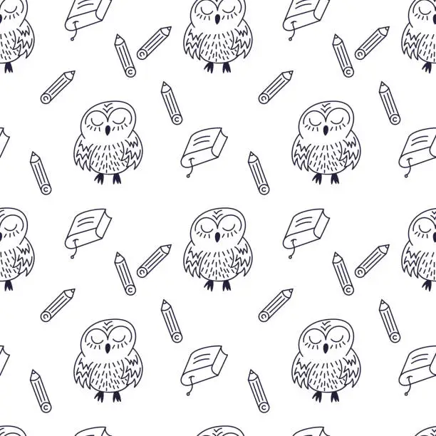 Vector illustration of Seamless pattern. School theme cute owls and stationery, pencils and books.