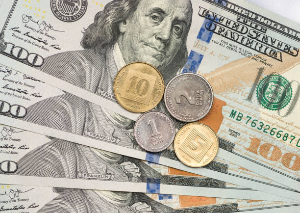 nueva moneda sheqel israelí encima de billetes de dólar - ils fotografías e imágenes de stock