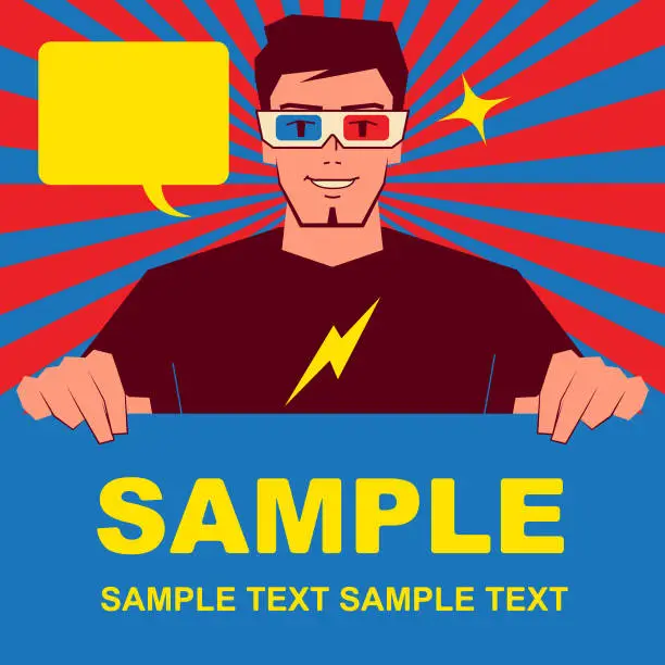 Vector illustration of Smiling handsome designer (computer programmer, illustrator, fashion stylist) wearing 3d glasses and holding blank sign