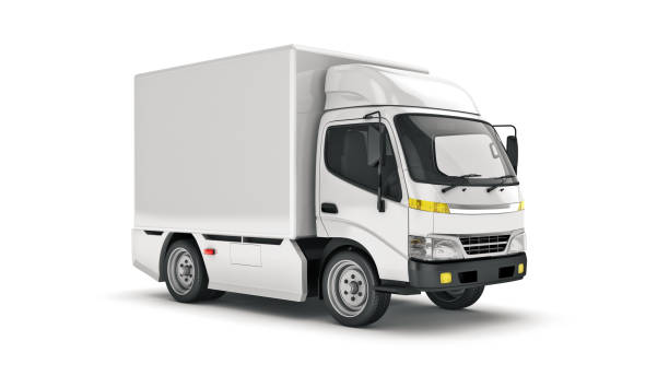 white delivery truck. 3d rendering - mini van imagens e fotografias de stock