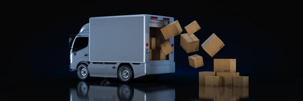 white delivery truck with cardboard boxes. 3d rendering - moving van relocation truck box imagens e fotografias de stock