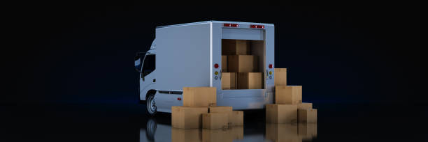 white delivery truck with cardboard boxes. 3d rendering - van moving van commercial land vehicle truck imagens e fotografias de stock
