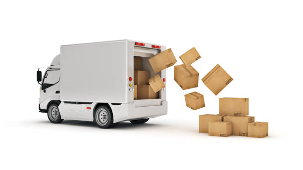 white delivery truck with cardboard boxes. 3d rendering - van moving van commercial land vehicle truck imagens e fotografias de stock