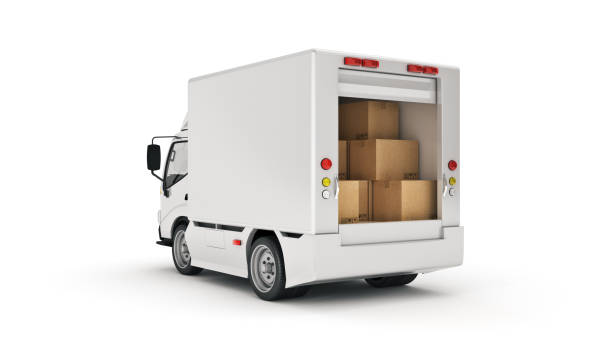 white delivery truck with cardboard boxes. 3d rendering - mini van imagens e fotografias de stock