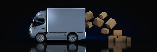 white delivery truck with cardboard boxes. 3d rendering - mini van imagens e fotografias de stock