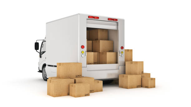 white delivery truck with cardboard boxes. 3d rendering - mini van imagens e fotografias de stock