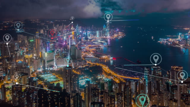 4k resolution Hong Kong Aerial view with data network connection technology concept.Smart city concept,Communication Network,Internet of Things concept