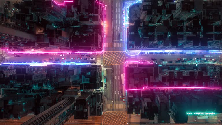 4k resolution Hong Kong Aerial view with data network connection technology concept.Smart city concept,Communication Network,Internet of Things concept